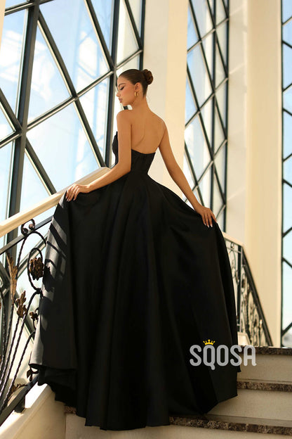 A Line Strapless Satin Pleats Long Prom Formal Dress with Pockets QP1081
