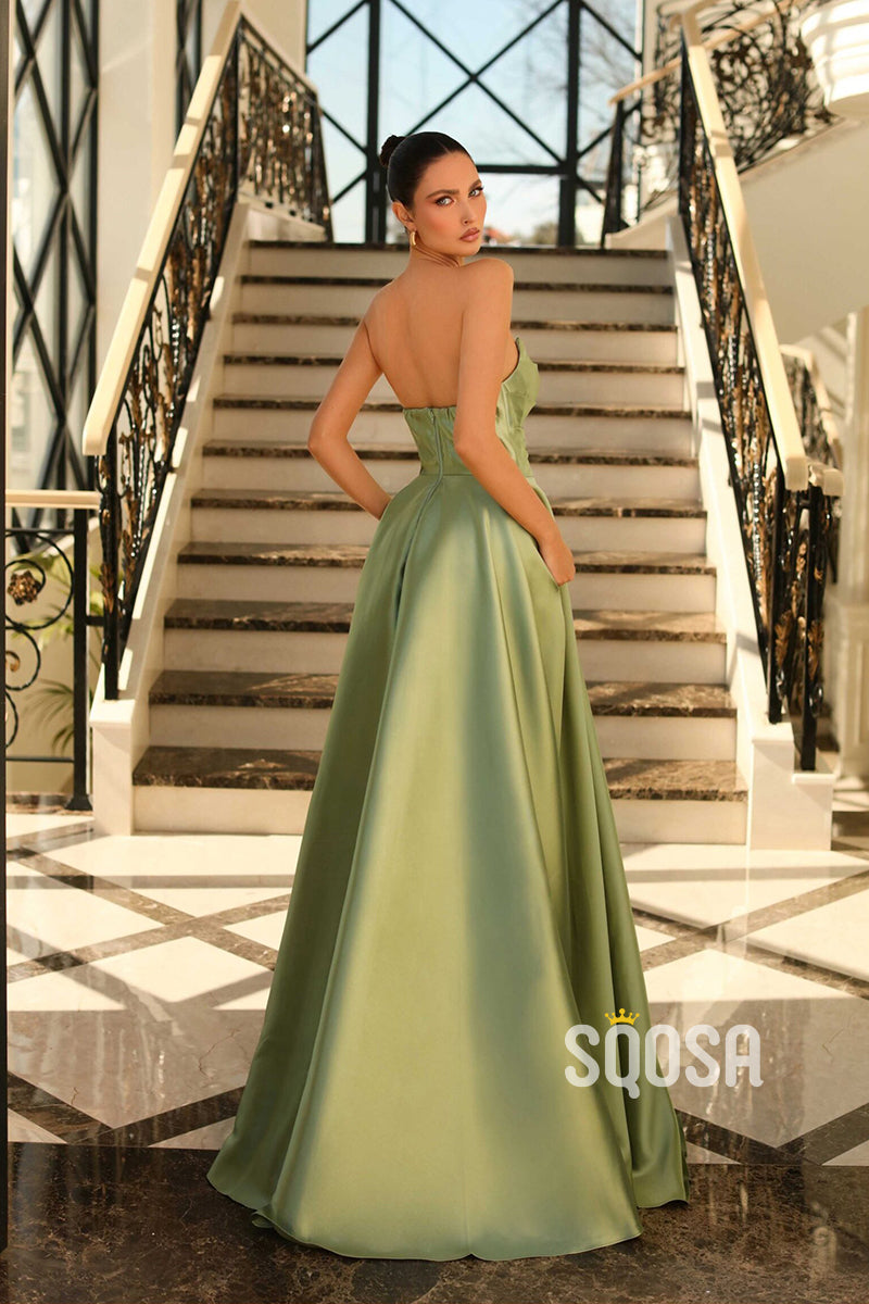 A Line Strapless Satin Pleats Long Prom Formal Dress with Pockets QP1081