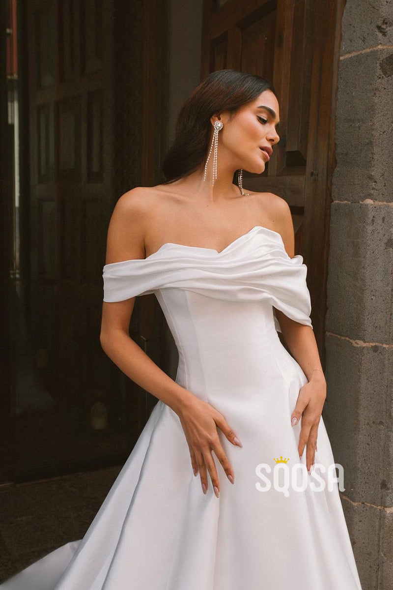 A line Strapless Sleeveless Satin Elegant Wedding Dress QW2407