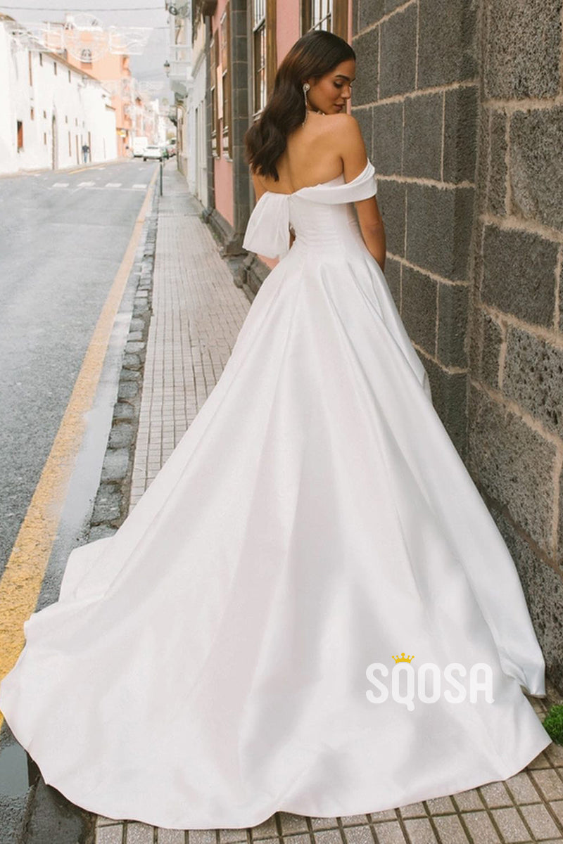 A line Strapless Sleeveless Satin Elegant Wedding Dress QW2407