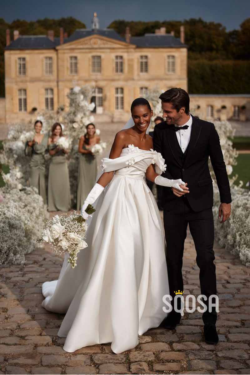 A Line Strapless Satin Pleats Elegant Wedding Dress QW2490