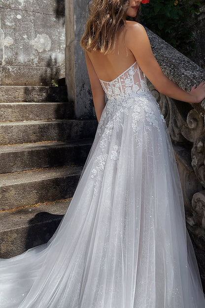 A Line Sweetheart Lace Appliques Boho Wedding Dress with Slit QW2315