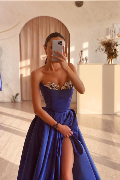 A line Strapless Satin Beads Long Prom Formal Dress with Slit QP1145