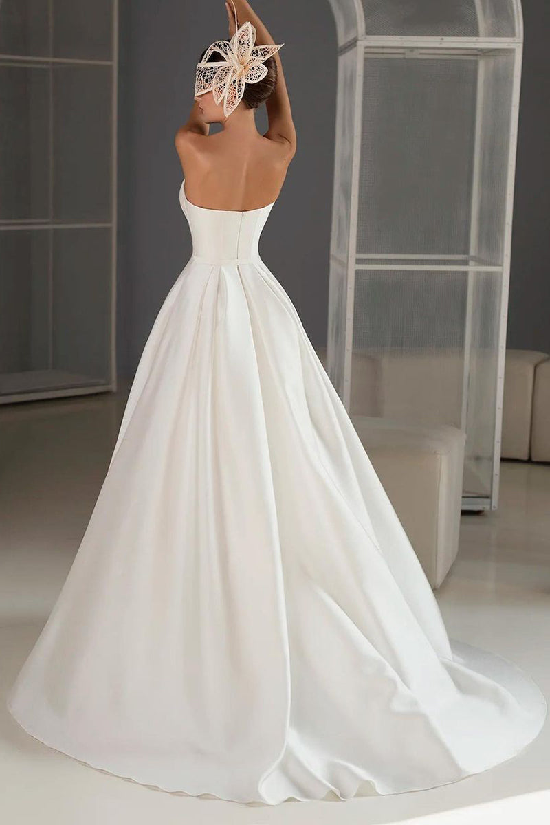 A Line Sweetheart Satin Pleats Simple Wedding Dress with Pockets QW0848
