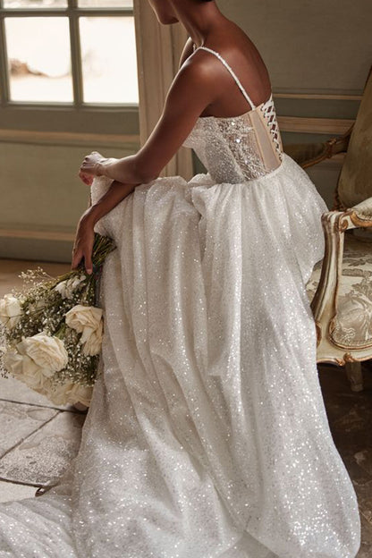 A Line Sweetheart Beads Rustic Wedding Dress with Sweep Train QW2548