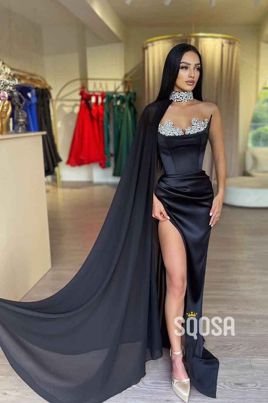 Sheath/Column Beads Black Elegant Formal Party Dress with Slit QP2434