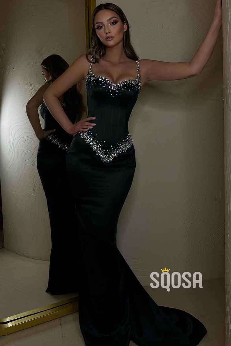 Spaghetti Straps with Beads Black Mermaid Long Prom Party Dress QP2323