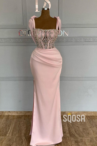 Double Straps Beads Long Pink Mermaid Prom Formal Dress with Slit QP1184