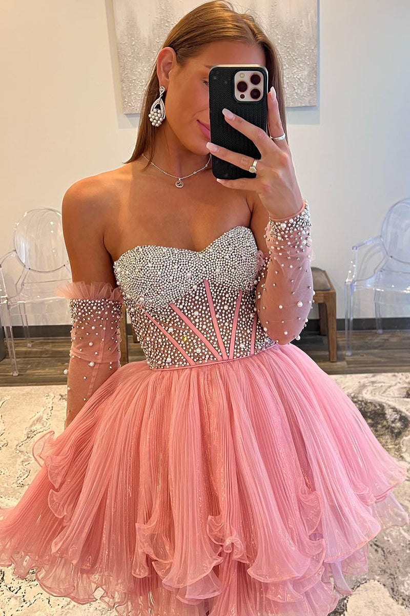 A Line Sweetheart Beads Pink Long Sleeves Cute Homecoming Dress QH2502