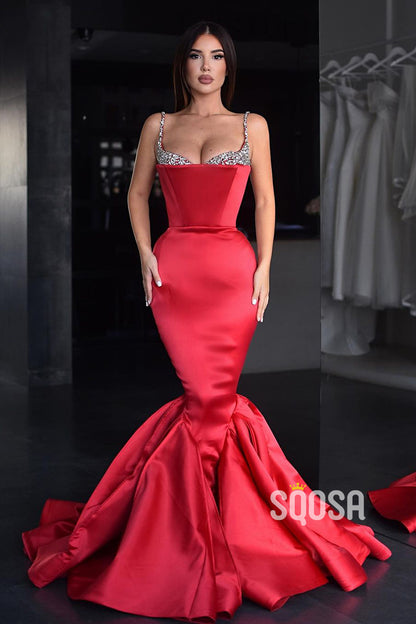Mermaid/Trumpet Spaghetti Straps Beads Red Long Prom Formal Dress QP1221