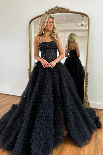 A Line Spaghetti Straps Lace Appliques Tulle Ruffles Black Long Prom Dress Homecoming Court Dress QP2284