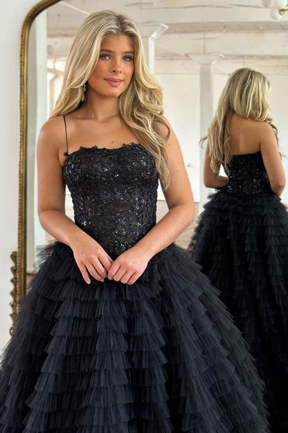 A Line Spaghetti Straps Lace Appliques Tulle Ruffles Black Long Prom Dress Homecoming Court Dress QP2284