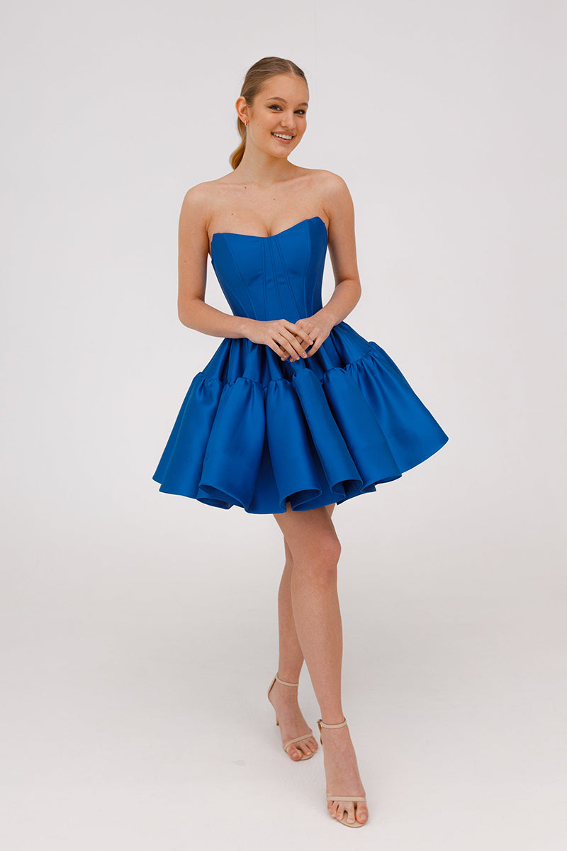 A Line Sweetheart Satin Ruffles Blue Short Homecoming Dress QH2515