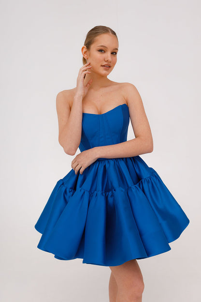 A Line Sweetheart Satin Ruffles Blue Short Homecoming Dress QH2515