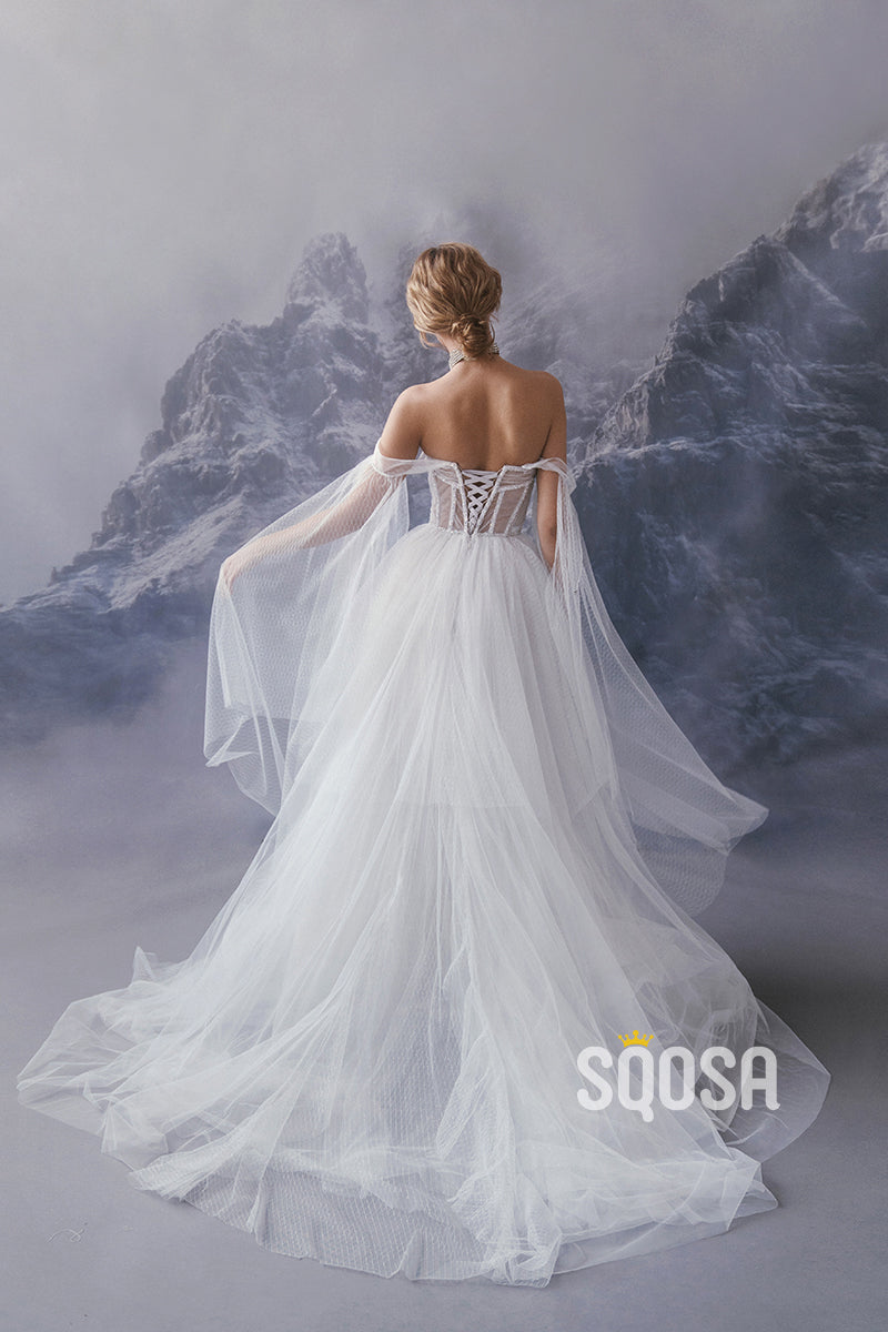 A Line Sweetheart Beads Tulle Elegant Wedding Dress QW2408