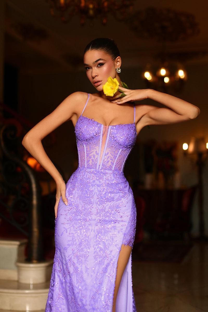 Sheath/Column Illusion V neck Lace Appliques Long Prom Formal Dress with Slit QP2132