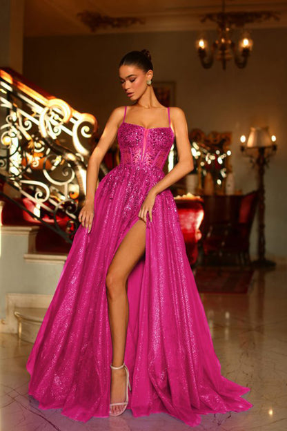 A line Illusion V neck Appliques High Split Long Sparkly Prom Formal Dress QP2122