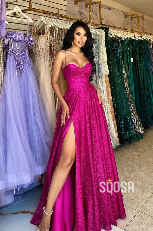 A line Sweetheart High Split Sparkly Prom Party Dress with Slit QP1363