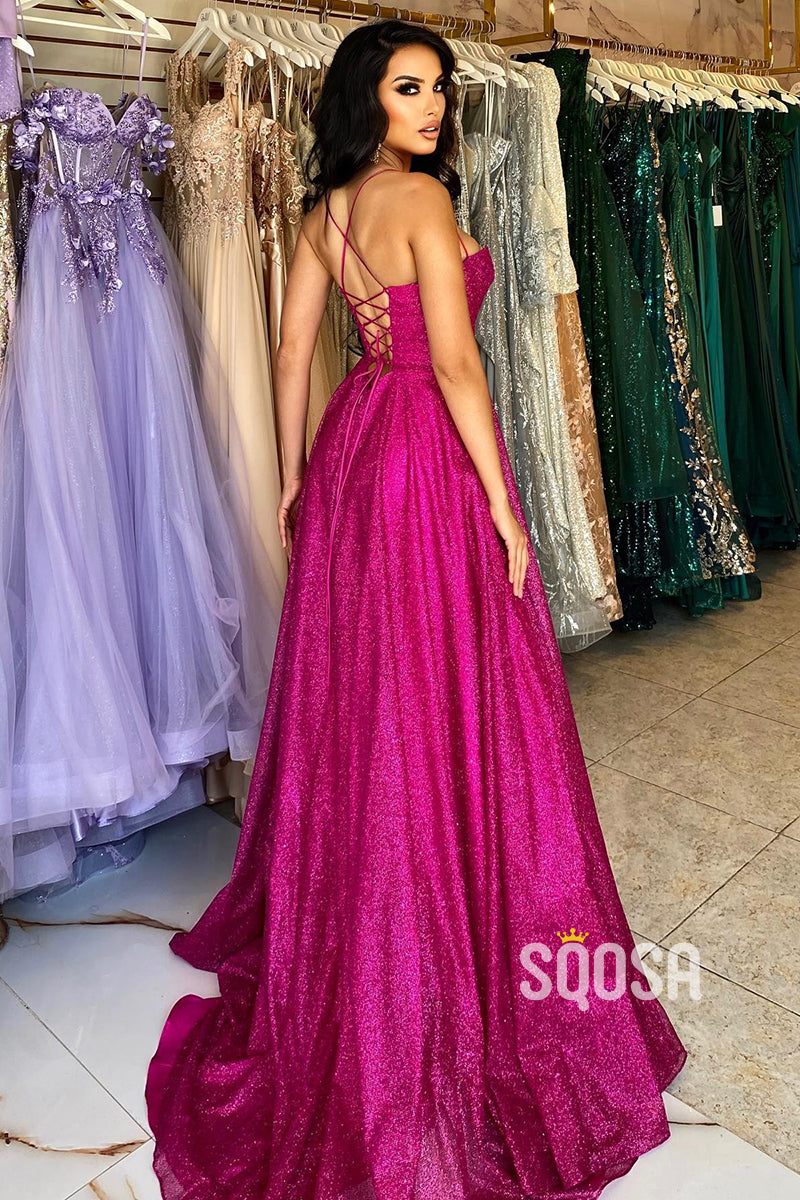 A line Sweetheart High Split Sparkly Prom Party Dress with Slit QP1363