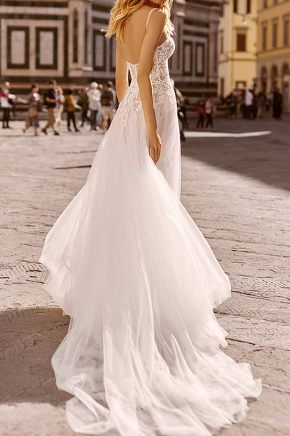 A Line Spaghetti Straps Lace Appliques Boho Wedding Dress Bridal Gown QW2329