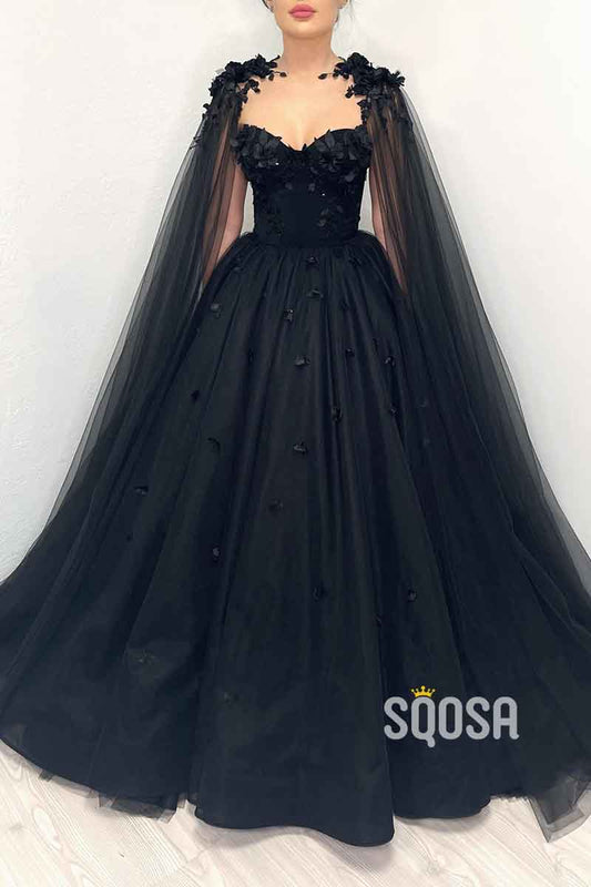 A Line Sweetheart 3D Appliques Black Long Prom Ball Gown QP2383