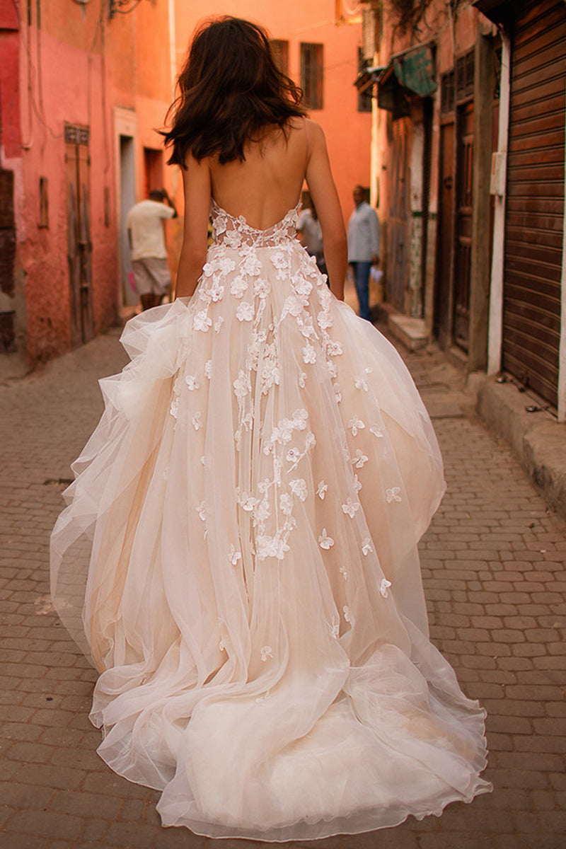 A line Sweetheart Illusion Lace Appliques Boho Wedding Dress QW2537