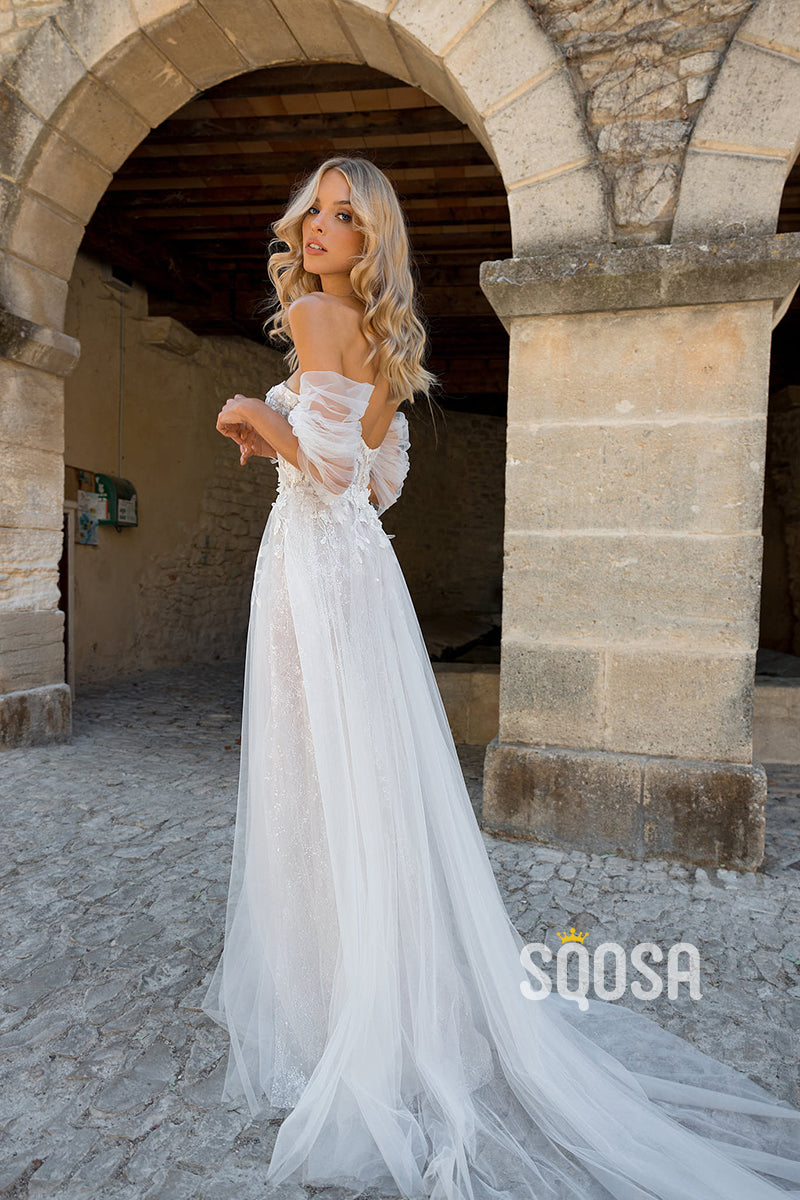 A Line Sweetheart Lace Appliques Boho Wedding Dress with Sleeves QW2184