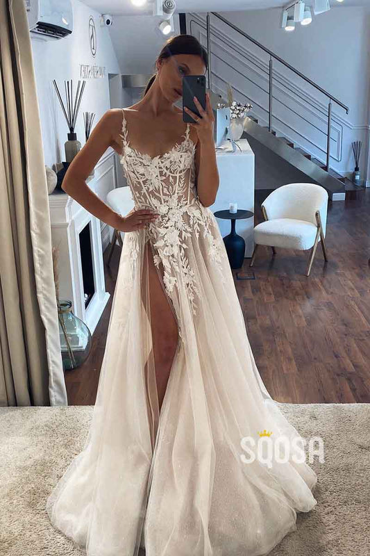 A Line Scoop Lace Appliques Boho Wedding Dress with Slit QW2512