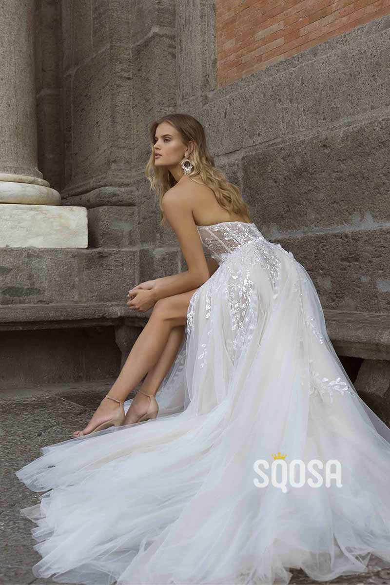 A Line Sweetheart Sequins Appliques Boho Wedding Dress with Slit QW2448