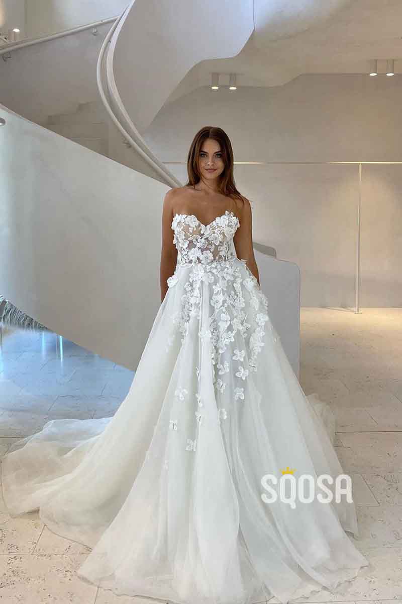 A Line Sweetheat Lace Appliques Romantic Wedding Dress QW2526