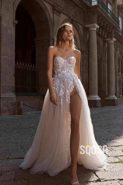 A Line Sweetheart Sequins Appliques Boho Wedding Dress with Slit QW2448