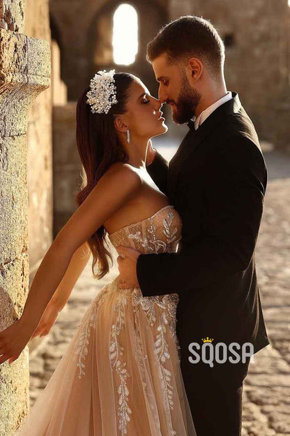 A Line Sweetheart Romantic Lace Appliques Elegant Wedding Dress with Slit QW2525