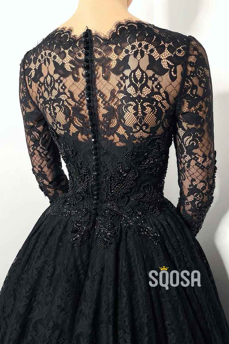 A Line Sweetheart Lace Long Sleeves Beads Black Elegant Formal Evening Dress QP2374