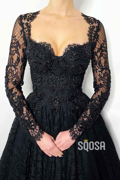 A Line Sweetheart Lace Long Sleeves Beads Black Elegant Formal Evening Dress QP2374