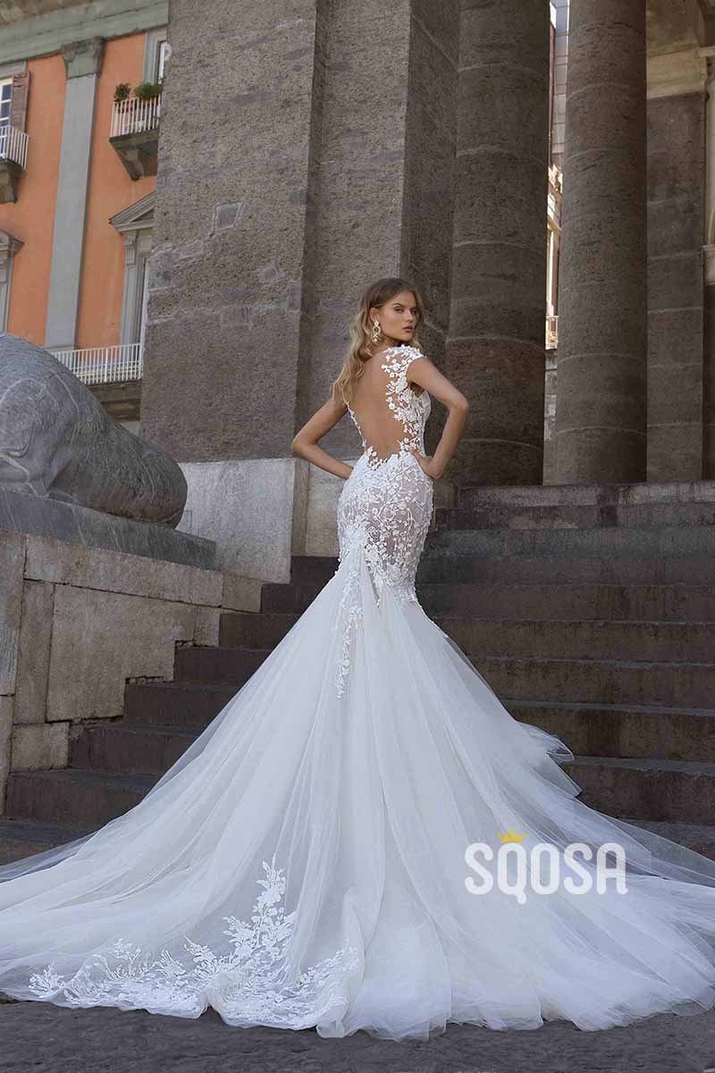 Romantic Lace Appliques Mermaid Wedding Dress with Court Train QW2454