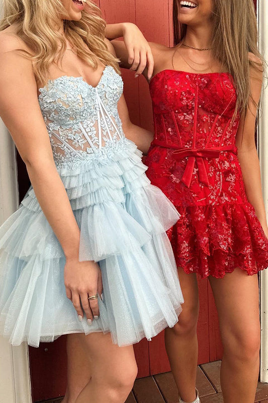 A line Sweetheart Lace Appliques Cute Short Homecoming Graduation Dress QH2343
