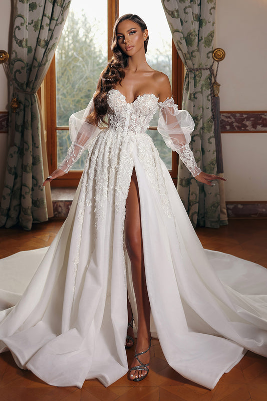 A line Sweetheart Lace Appliques Long Sleeves Rustic Wedding Dress with Slit QW0930