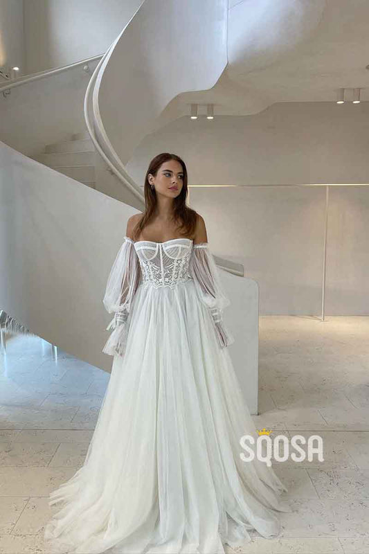 Unique Off-the-Shoulder Lace Wedding Dress Ivory Long Sleeves
