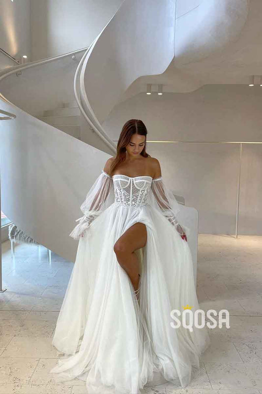 A line Sweetheart Long Sleeves Tulle Elegant Wedding Dress with Slit QW2522