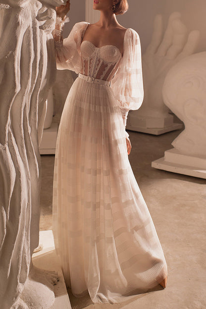 A line Sweetheart Long Sleeves Lace Boho Wedding Dress QW2131