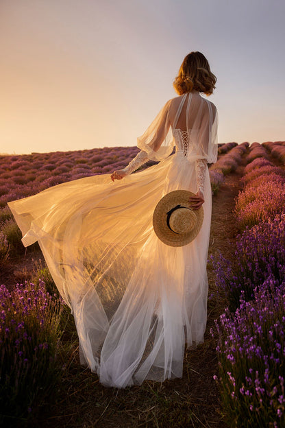 A Line Sweetheart Romantic Lace Appliques Long Sleeves Boho Wedding Dress QW2674