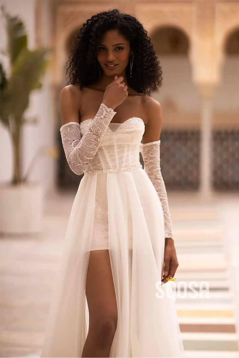 A Line Sweetheart Lace Long Sleeves Boho Wedding Dress QW2322