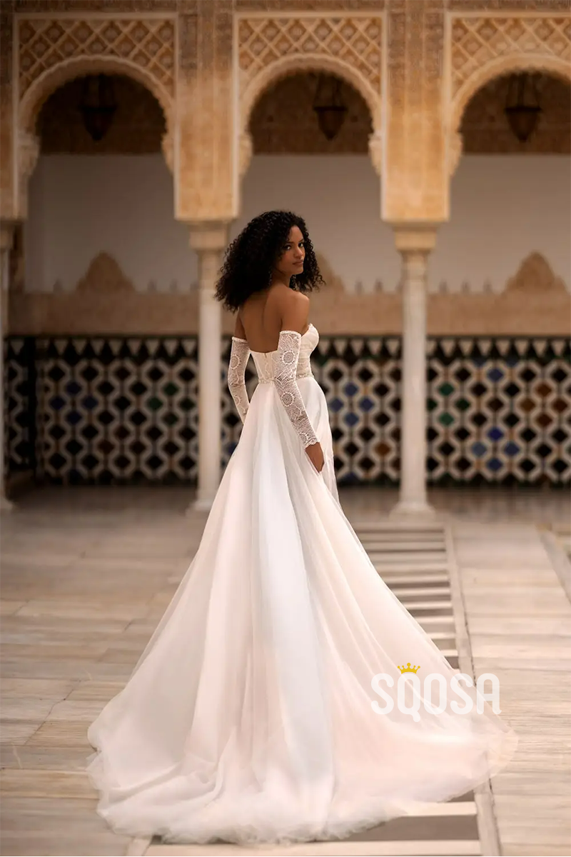 A Line Sweetheart Lace Long Sleeves Boho Wedding Dress QW2322
