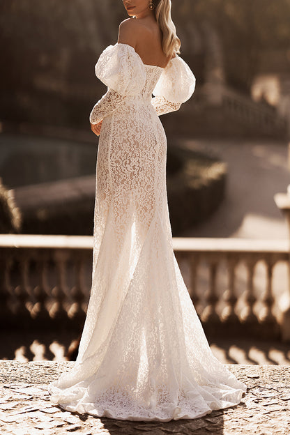 Roamtic Lace Wedding Dress with Detachable Skirt Sweetheart Long Sleeves Bridal Gown QW0824