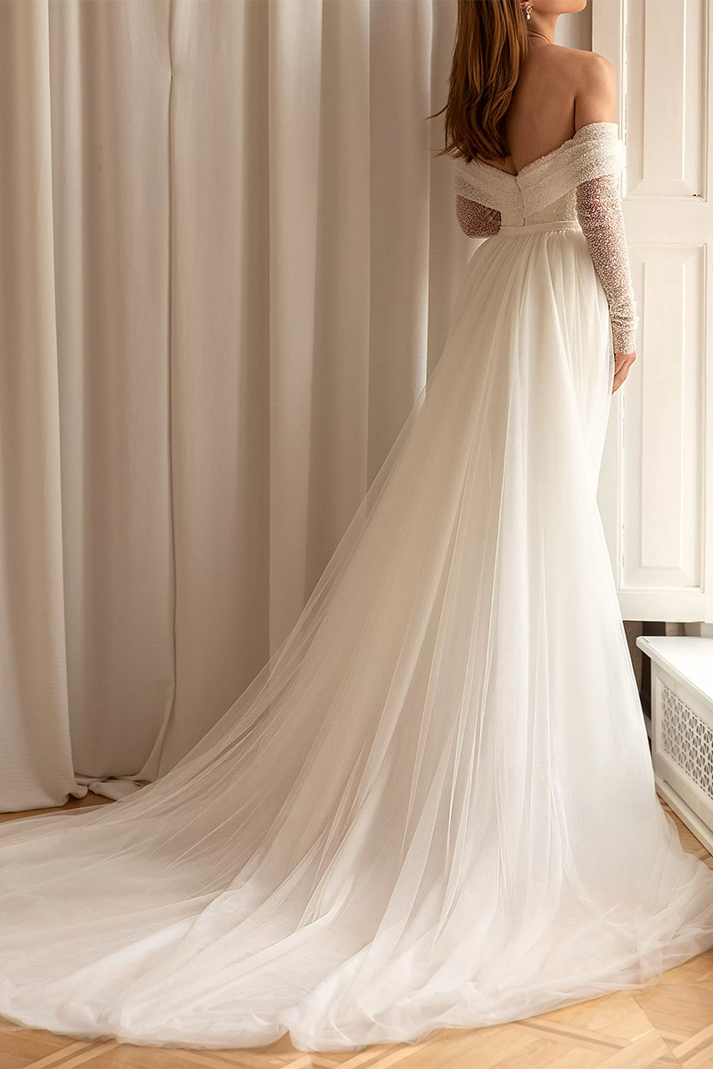 Sheath/Column Off Shoulder Long Sleeves Rustic Wedding Dress QW2574