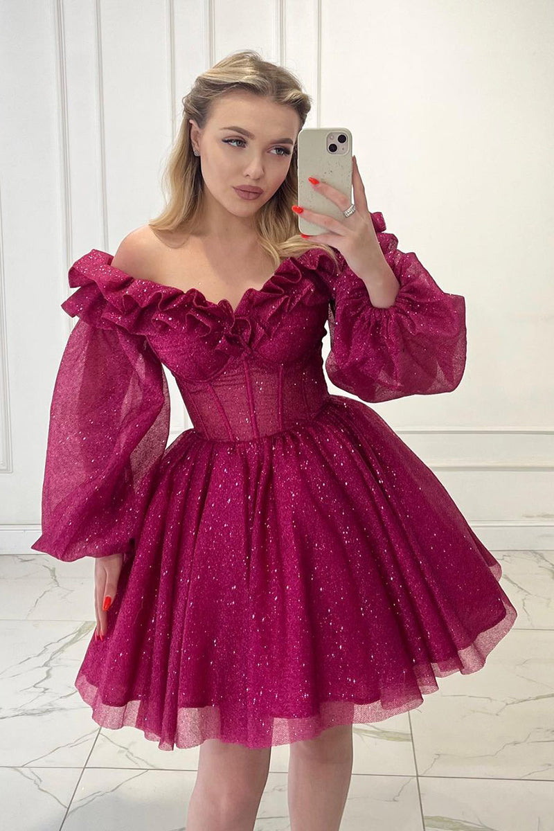 A Line Strapless Long Sleeves Sparkly Short Prom Dress Fuchsia Homecoming Dress QH2492