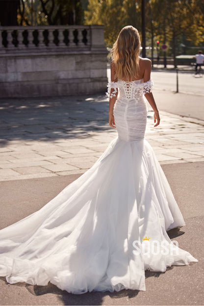 Strapless Tulle Pleats Mermaid Wedding Dress with Court Train QW2235
