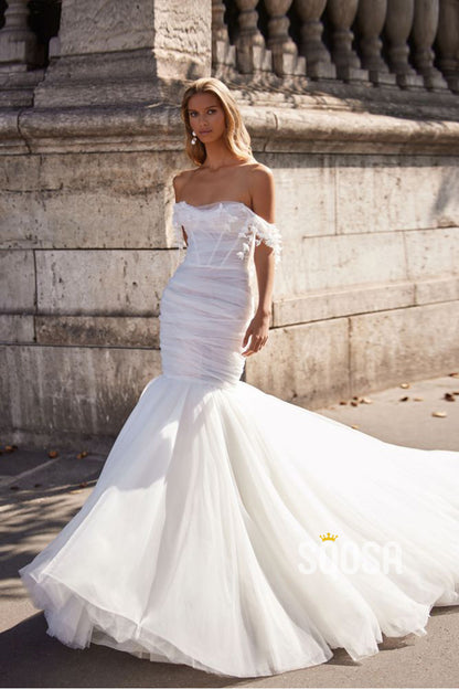 Strapless Tulle Pleats Mermaid Wedding Dress with Court Train QW2235