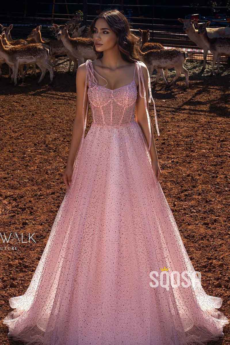 A Line Sweetheart Pink Sparkly Long Prom Party Dress QP2319
