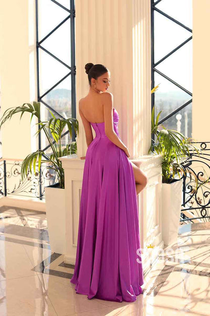 A Line V neck Satin Pleats Long Elegant Prom Party Dress with Slit QP1434